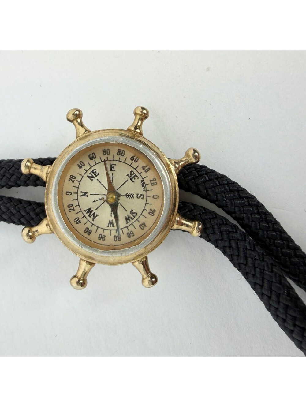 Vtg Steampunk Ship Wheel Compass Bolo Tie Nautical Maritime Gold Tone Western